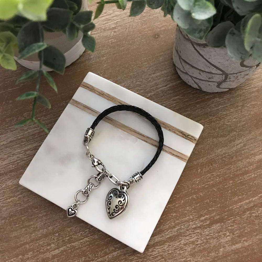 BRIGHTON Braided Leather and Silver Heart Bracelet